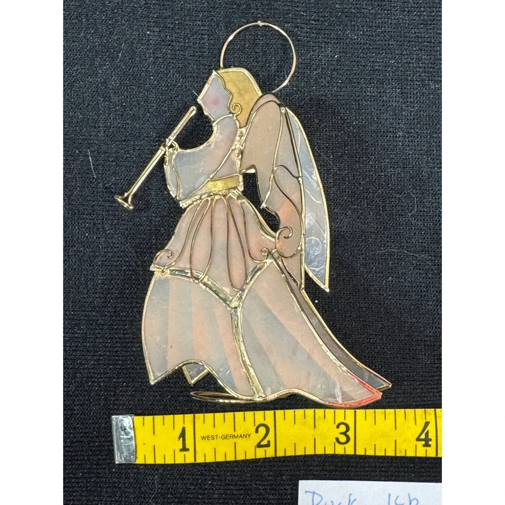 Vintage Iridescent Stained Glass Style Angel Trumpet Figurine Gold Wire Decor